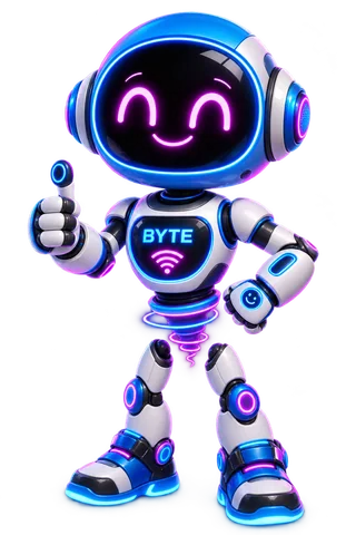 Byte, your smiling neon-blue and purple robot buddy